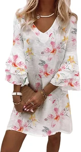 Women'S Casual Boho Floral Print Dress Loose V Neck 3/4 Wave Bell Sleeve Flowy M - Picture 1 of 13