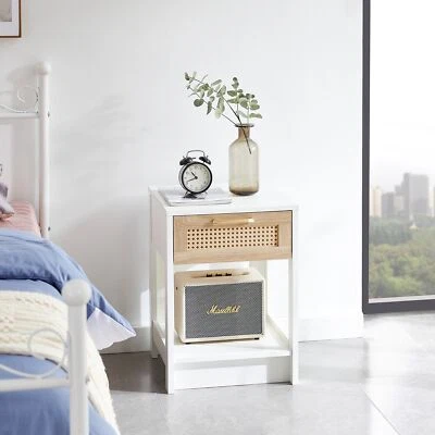15.75 Rattan End Table with Drawer, Modern Nightstand for Bedroom, White - Image 1 of 4