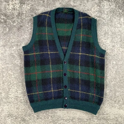 VTG Westbury Cardigan Sweater Vest Mens Medium M Blue Tartan Plaid Mohair Blend - Image 1 of 4