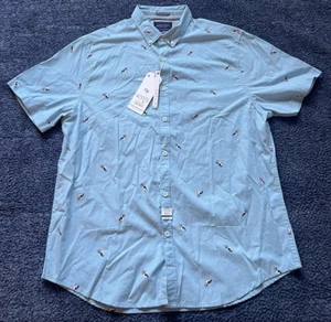 Denim & Flower Shirt Men's XL Blue All Over Dog Print Button Down NWT Slim Fit - Foto 1 di 10