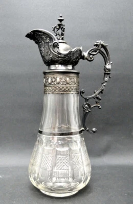 Glas Karaffe Historismus Hallberg Schweden Montur Neusilber Wein Kanne H. 34 cm - Bild 1 von 4