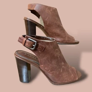 Vintage Lauren Ralph Lauren Odessa Brown Leather Peep-Toe Heeled Sandals Size 9M - Picture 1 of 12