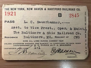 1921 THE NEW YORK, NEW HAVEN & HARTFORD RAILROAD CO.  PASS ANNUALE - HH93 - Foto 1 di 2