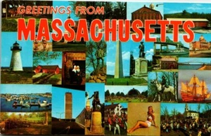 Chrom Postkarte Grüße aus Massachusetts MA Multiview UNP QSL Karte - Bild 1 von 2