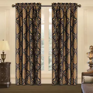 Luxury Black Damask Curtains for Bedroom, Textured Lined Jacquard Curtains 2 Pan - Picture 1 of 7