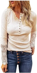 Women/ Teen Long Sleeve V Neck Solid Tops Blouses Trendy Slim Fit Lace Sleeve - Picture 1 of 5