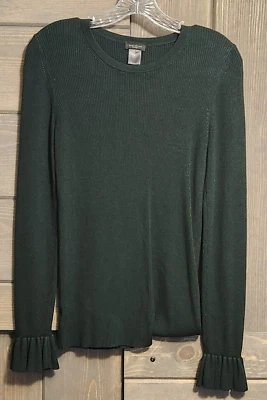 Suéter acanalado Ann Taylor Factory para mujer mediano verde oscuro manga larga puño con volantes Foto 1 de 4