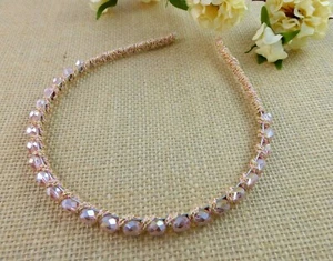 Thin Headband Pink Stones Gold Trim Flexible Dressy Hair Accessory - Picture 1 of 12