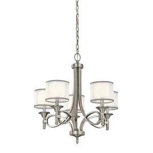Lampadario Plafoniera Luce a Sospensione Lino Acciaio Stagno 5 Fiamma D 63,5 CM - Foto 1 di 1