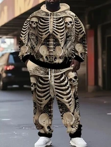 Men’s Tracksuit 2 Piece Casual Pants Hoodie Sweatsuit Set 6XL Skeleton Print - Picture 1 of 5