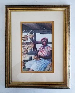 1980 Vintage Art: Black Woman Weaving Basket Signed Print Black Folk Art - Picture 1 of 8