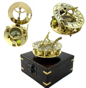 Nautical Antique Brass Old London Sundial Compass Vintage With Wood Box Gift 3" - Picture 1 of 6