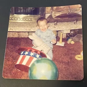 VTG Snapshot Photo Baby Boy Laughing Living Room Stuffed Bunny - Fourth Of July? - Picture 1 of 2