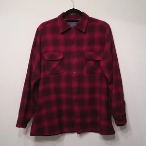 60-70's Pendleton Red Plaid Virgin Wool Board Shirt Mens Large USA Vintage Loop - Picture 1 of 14