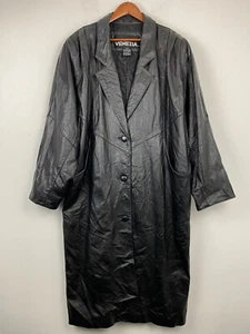 Vintage Venezia plus size 1X Women’s Black Leather Pleated Button Up Trench Coat - Picture 1 of 8