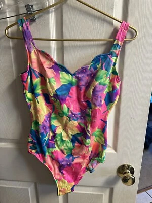 复古 Willow Bay 80 年代 90 年代连体泳装霓虹花卉尺寸 12 大号芭比剃刀 — 第 1/4 张图片