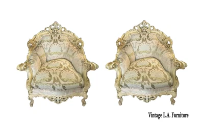 Pair Antique French Louis XVI Italian Rococo Baroque Chairs Down Cushion - Image 1 of 4