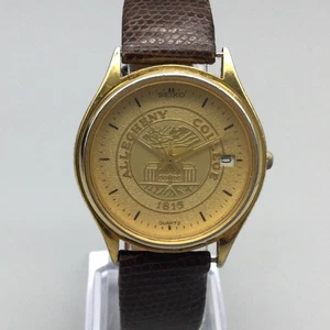 Reloj Seiko Vintage Allegheny College Tono Dorado Correa Cuero 34mm Batería Nueva - Imagen 1 de 15