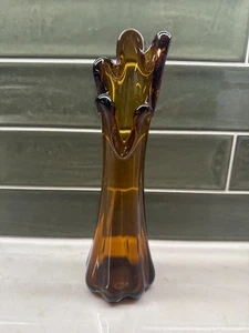 Vintage 5 Finger Swung Stretch Art Glass Vase 10” Amber Brown Honey MCM - Picture 1 of 8