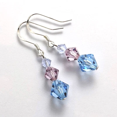 Aquamarine Crystal Earrings Made w/ Swarovski Graduated Beads Sterling Hooks AUS - image 1 of 4