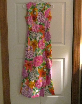 Vintage 1969 Sleeveless Wrap Style Dress - Large Bright Flowers - Size 10? - Image 1 of 4