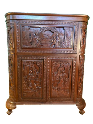 Gabinete de bar seco con tapa abatible tallado a mano asiático de mediados de siglo estilo George Zee Foto 1 de 4