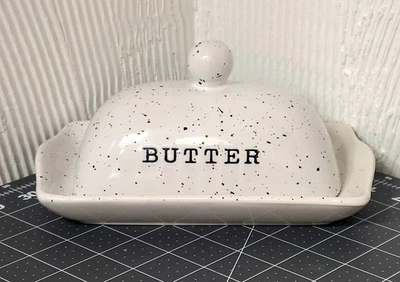Lily & Grace White Ceramic Butter Dish Black Splatter Knob Lid Double Sided  - Image 1 of 4
