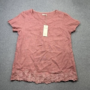 Lina Tomei Top Women Medium Pink Rose Linen Embroidered Summer Casual Italy New - Picture 1 of 12
