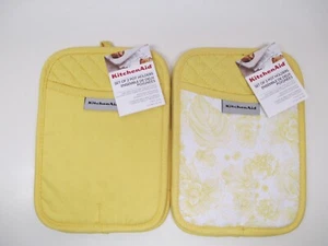KitchenAid 2er Set Topflappen in gelb oder gelb mit Blumen Neu mit Etikett - Bild 1 von 5