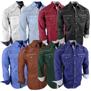 Mens Country Western Shirt Double Stitch Rodeo Accents Pearl Snap Up Pockets - Picture 1 of 40