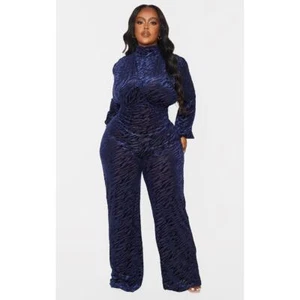 NEW $130 PrettyLittleThing Navy Zebra Devore Bust Detail Jumpsuit Size: US 18 - Picture 1 of 5