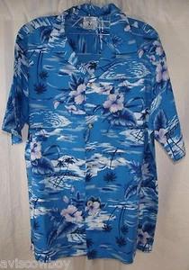 Hana Mode blau Hibiskus Palme hawaiianisch Aloha Camp Lounge Shirt Herren L - Bild 1 von 5