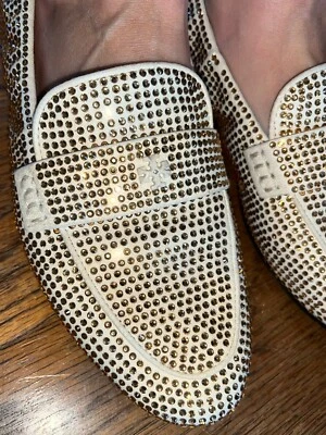 Mocasín Tory Burch Champagne Cubierto de Cristal Crema Gamuza Ballet Plano Talla 7.5 ¡EXCELENTE ESTADO USADO! Foto 1 de 4