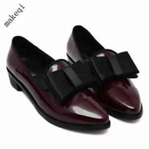 Womens Sweet Bowknot Patent Leather Shoes Slip On Low Heel Pumps Pointed Toe New - Picture 1 of 15