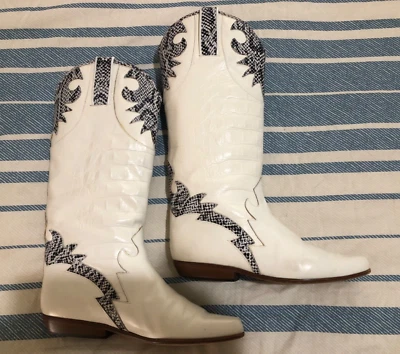 Botas vaqueras vintage de cuero italiano Charles David para mujer talla 7 B marfil negras Foto 1 de 4