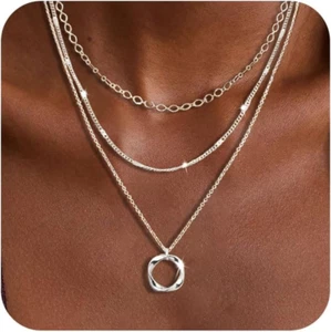 Layered Silver Necklaces for Women, Sterling Silver Stackable Stack Choker Neckl - Picture 1 of 12