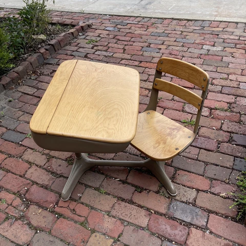 Mid-Century Children's Young Adult School Desk w/ Attached Chair - Metal & Wood Cover