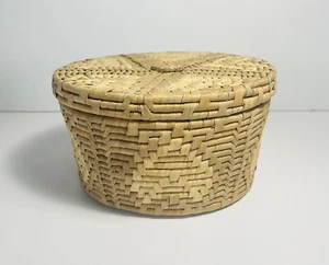 Vintage Boho Korb mit Deckel rund Aufbewahrungsbehälter Wohnakzent MCM - Bild 1 von 8