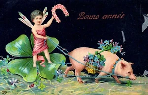 Fee Kind bewegt von Schwein Fantasie Schwein Postkarte - Bild 1 von 2
