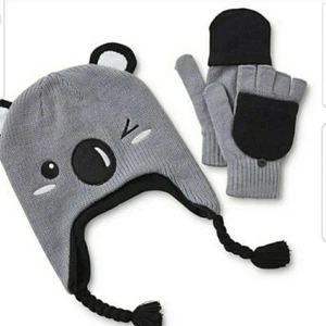 Kids Koala Fleece Lined Beanie Hat & Gloves Set ~ One Size - Picture 1 of 3