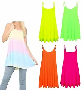 Damen Cami Swing Mini Neon Sommer Strand Kleider Ärmellos Dünne Träger Träger Weste Top - Bild 1 von 6