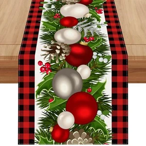 Linen Red and Black Buffalo Check Plaid Christmas Table Runner 60 Inches Long... - Picture 1 of 7