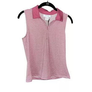 Pink Striped Sleeveless Golf Polo Top UPF50 Moisture Wicking Athletic Shirt A34 - Picture 1 of 8