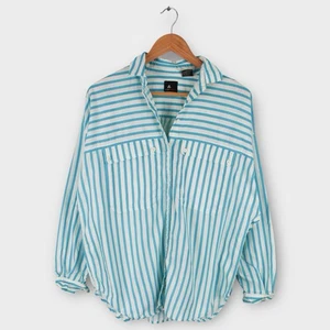 Vintage Lizsport Striped Button Up Shirt Women’s L Blue White 80s 90s Cotton - Picture 1 of 5