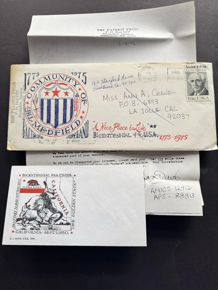 US 1975 Event Cover +American Bicentennial +Patriot Press Cachet +Letter +More - Image 1 of 1