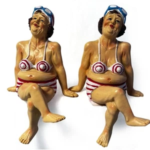 2 Fat Bathing Ladies in Red Striped Bikinis, Novelty Figurines - Picture 1 of 7