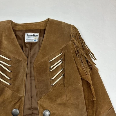 Vintage Pioneer Wear Jacket Womens Leather Brown Buckskin USA Fringe Western - Image 1 of 4