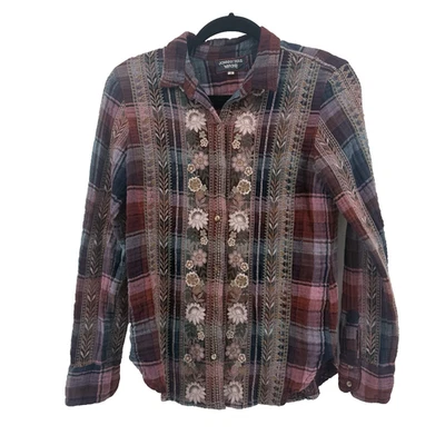 Camisa Johnny Was Workshop bordada floral a cuadros con botones para mujer pequeña rosa Foto 1 de 4