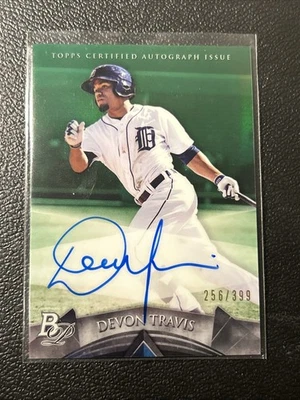 Devon Travis 2014 Bowman Platinum GREEN Ref AUTO RC /399 Tigers Blue Jays - Image 1 of 2