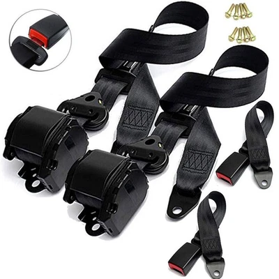 Adjustable Retractable 3 Point Safety Seat Belt Straps Assembly  2 Set Black Car - Image 1 of 4